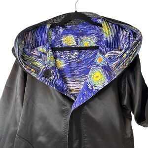Oopera reversible fine art Van Gogh Starry Night print & black raincoat w hood S